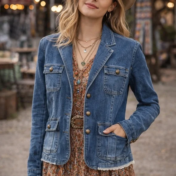 Vintage Embroidered Floral Blue Denim Jacket with Gold Accents - Picture 2 of 3